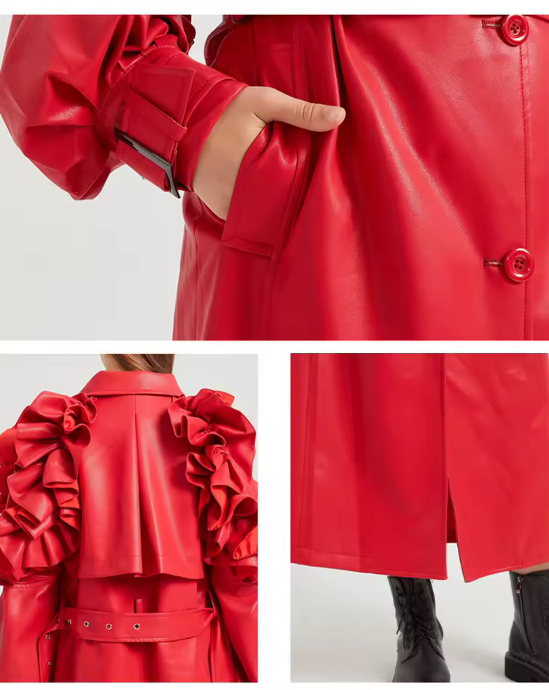 Ruffle Edge Faux Leather Trench Coat