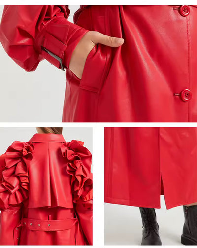 Ruffle Edge Faux Leather Trench Coat