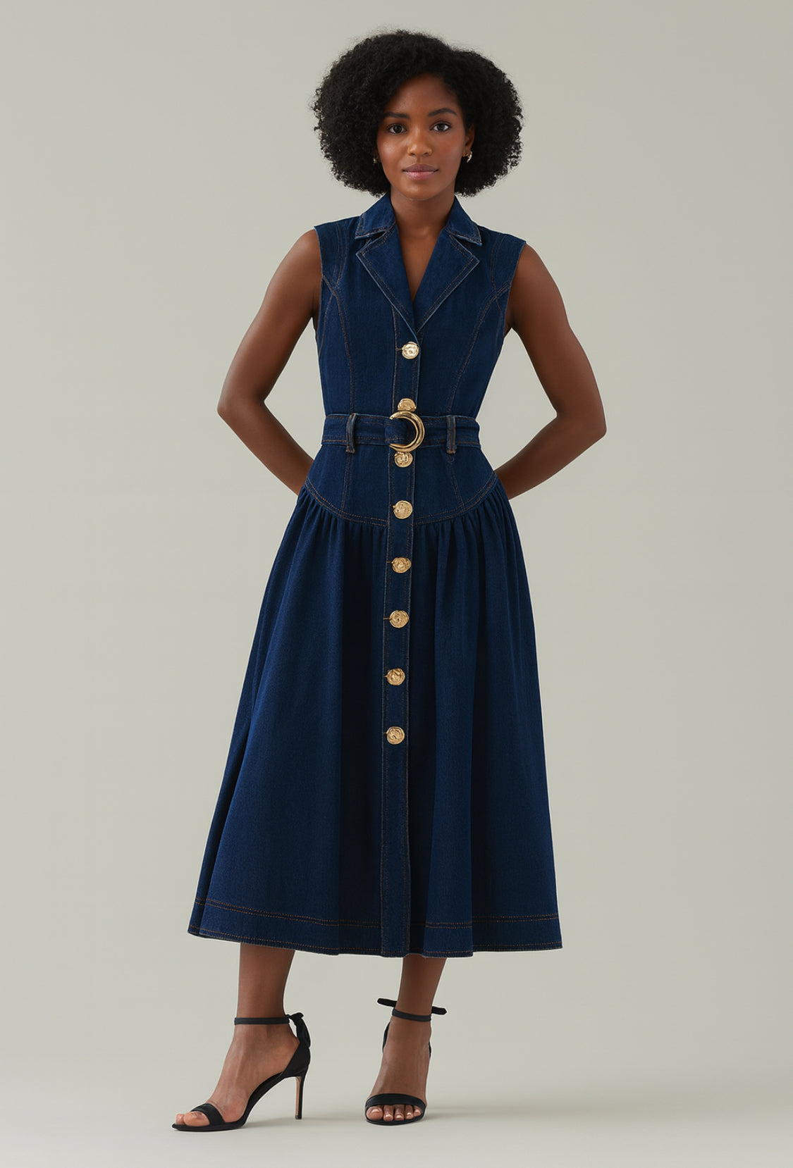 Sleeveless Denim Midi Dress with Gold Button Detai