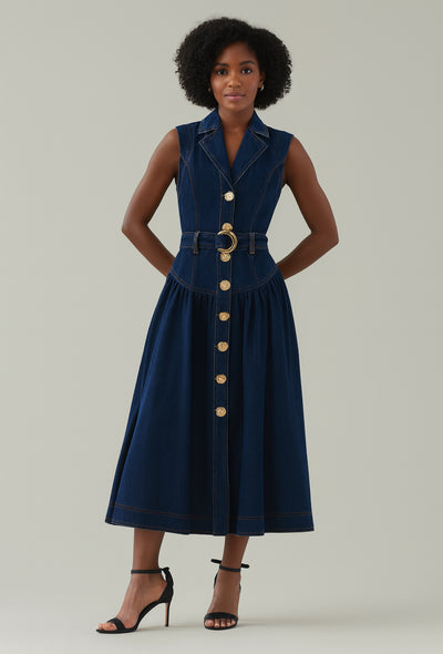 Sleeveless Denim Midi Dress with Gold Button Detai