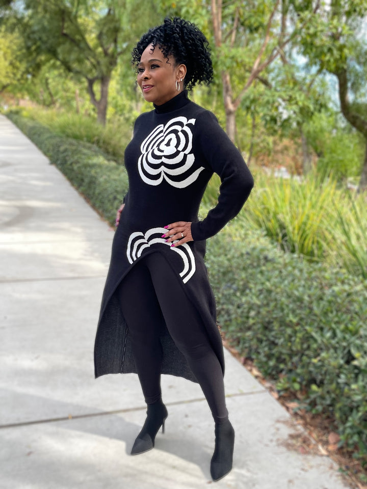 Asymmetric Turtleneck Long Floral Sweater