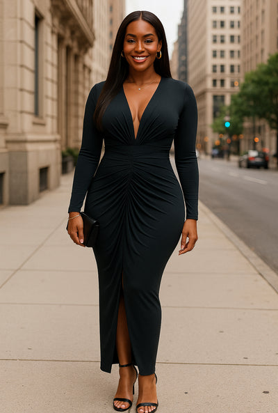 Black Draped Long-Sleeve Midi Dress