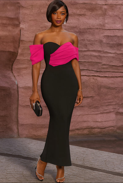 Elegant Off-Shoulder Contrast Maxi Dress