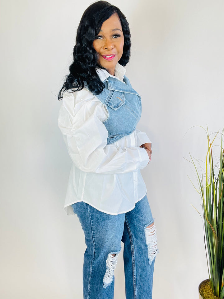 CRISS CROSS DENIM VEST and blouse