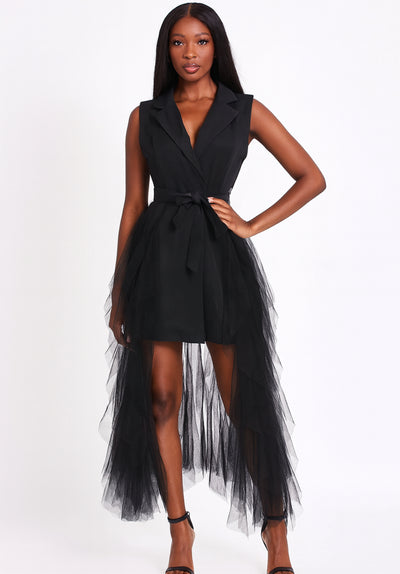 Tyla Notched Collar Sleeveless High Waist Patchwork Mesh Dress