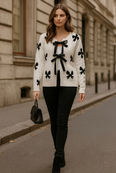 Bow Print Tie-Front Cardigan