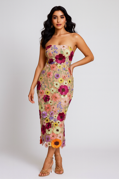Garden Bloom Strapless Midi Dress