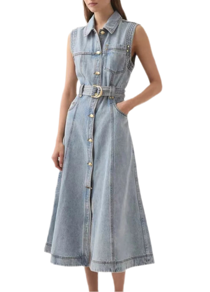 The Olivia Belted Denim Maxi Dress