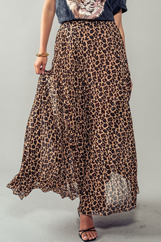 Pleated Leopard Maxi Skirt