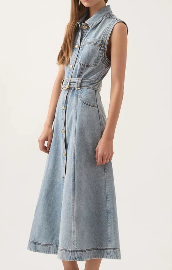 The Olivia Belted Denim Maxi Dress
