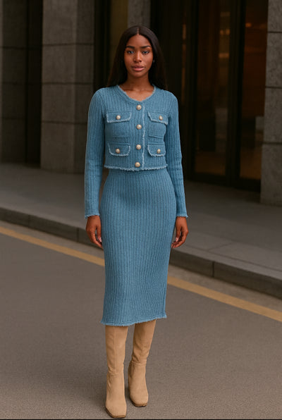 Denim Elegance Knit Skirt Set