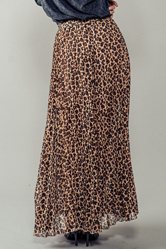 Pleated Leopard Maxi Skirt