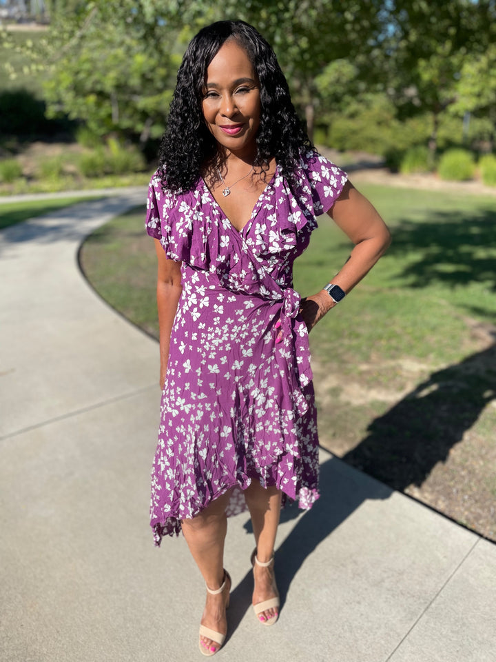 Charity RUFFLED WOVEN WRAP Midi DRESS