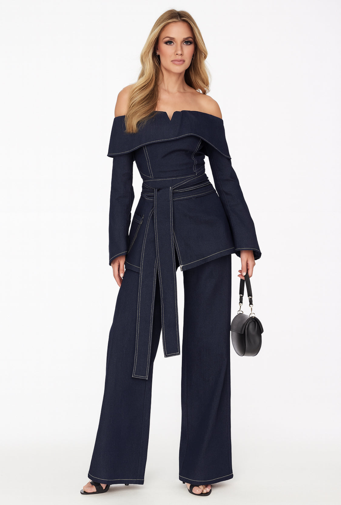 Off-Shoulder Denim Wide-Leg Set