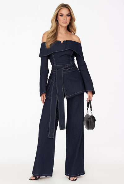 Off-Shoulder Denim Wide-Leg Set