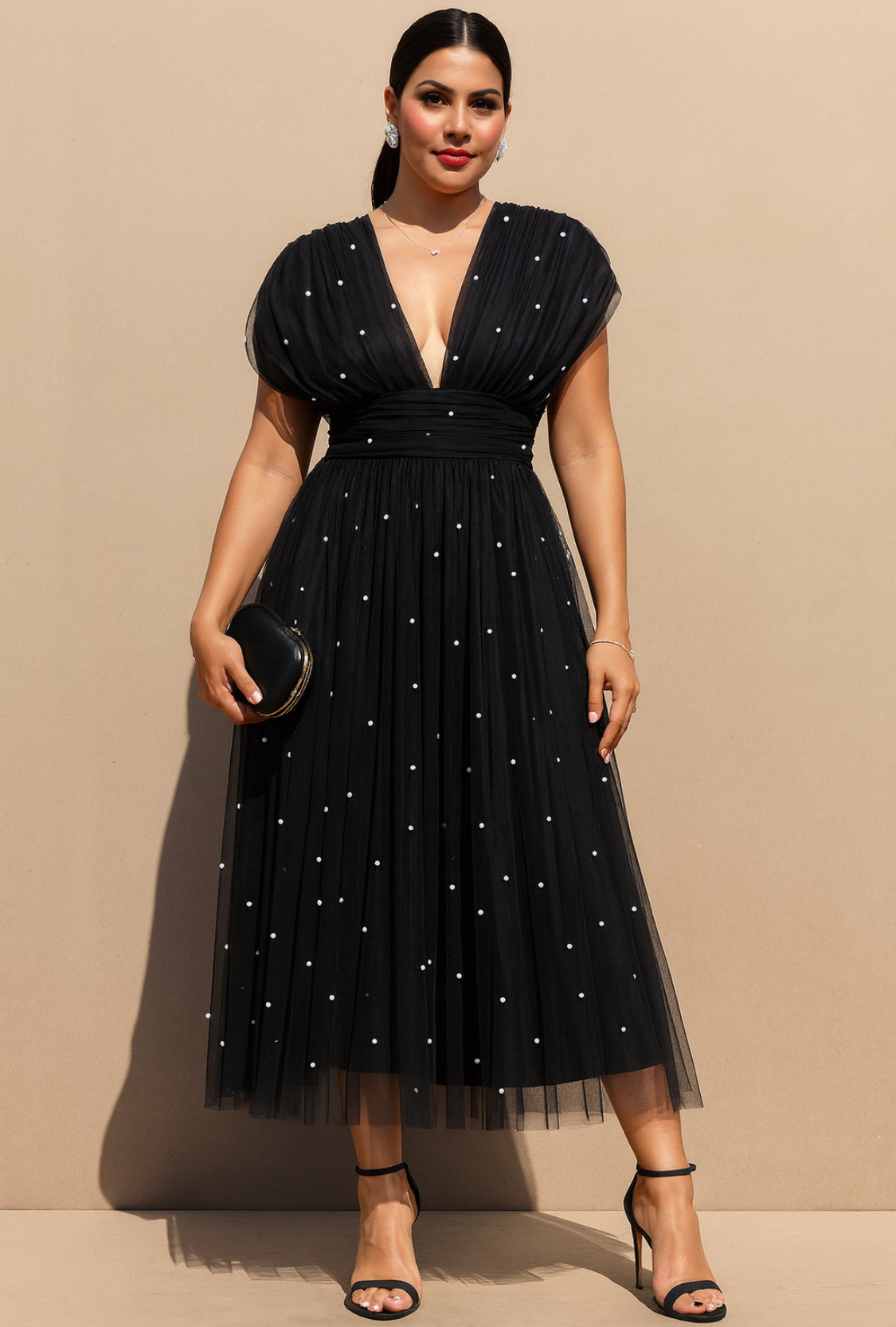 Black Pearl Embellished Tulle Midi Dress