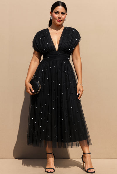 Black Pearl Embellished Tulle Midi Dress
