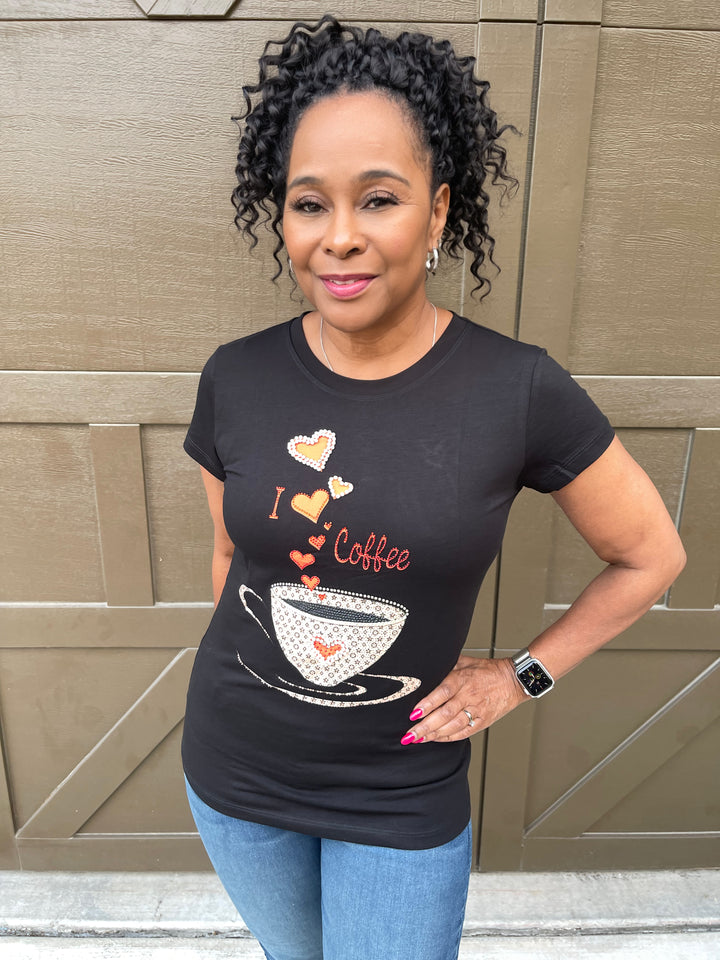I Love Coffee Rhinestone Graphic Tee Shirtj