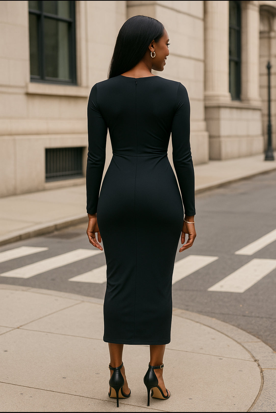 Black Draped Long-Sleeve Midi Dress