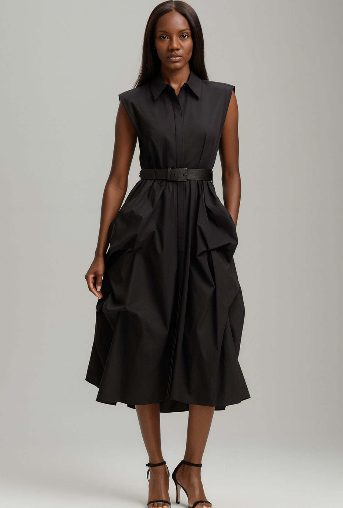 Sculpted Elegance Black Midi Dress