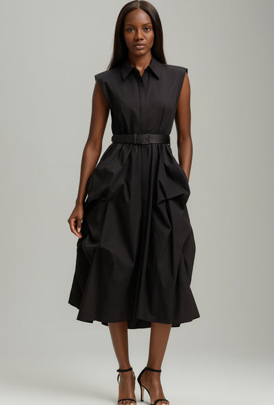 Sculpted Elegance Black Midi Dress