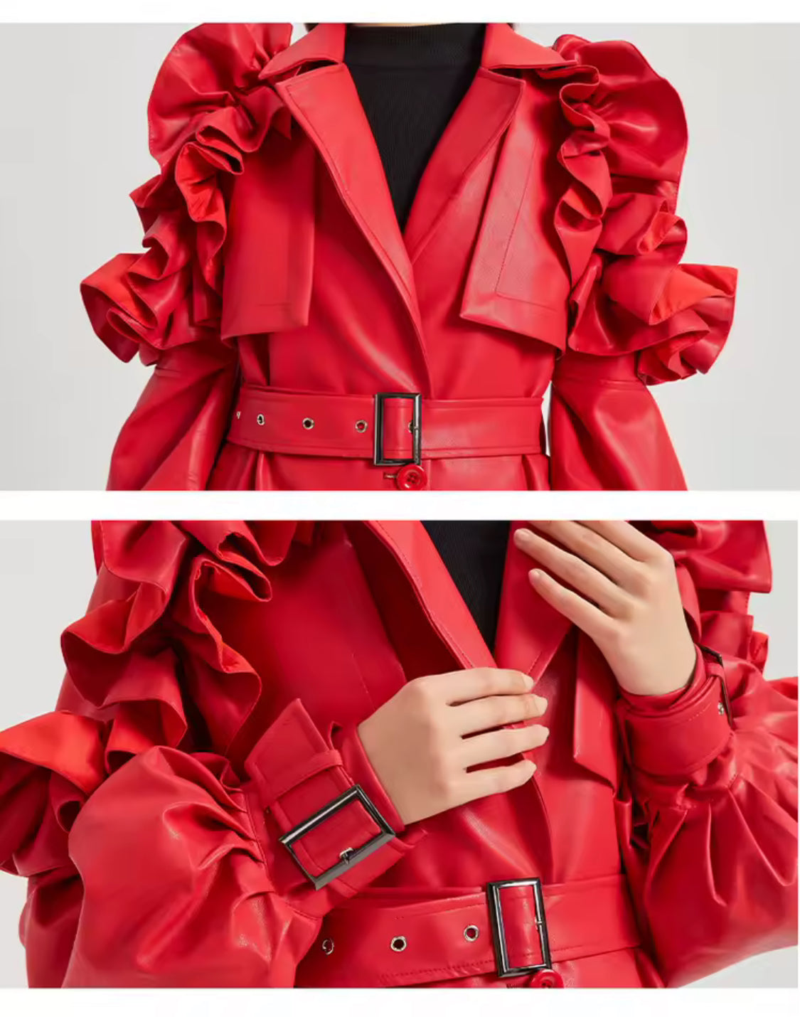 Ruffle Edge Faux Leather Trench Coat