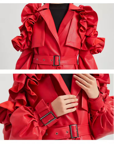 Ruffle Edge Faux Leather Trench Coat
