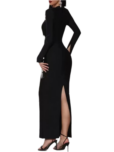 Embellished Black Long Sleeve Maxi Dress