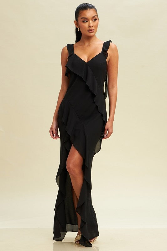 Chiffon Black Ruffle Maxi Dress