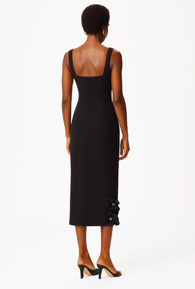 Black Floral Appliqué Midi Dress