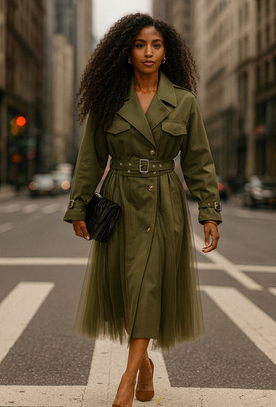 Olive Tulle Detail Trench Coat