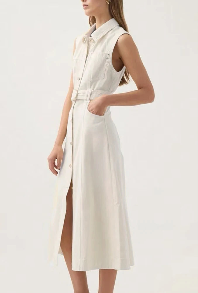 The Olivia Belted Denim Maxi Dress