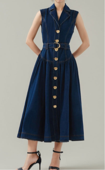 Sleeveless Denim Midi Dress with Gold Button Detai