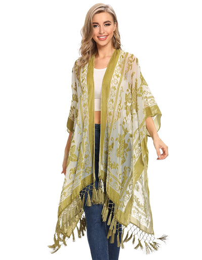 Sage Blossom Fringe Kimono