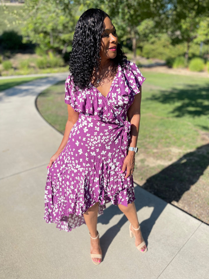 Charity RUFFLED WOVEN WRAP Midi DRESS