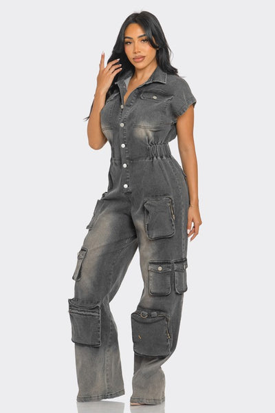 Athena Short Sleeve Cargo Denim Jumpsuit