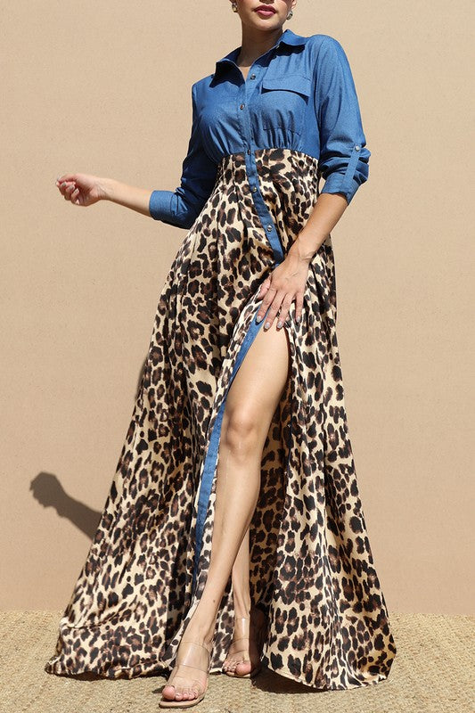 Leopard Denim Button Up Maxi Dress