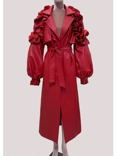 Ruffle Edge Faux Leather Trench Coat