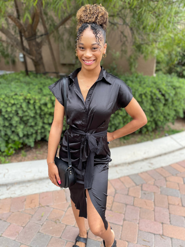 Luna Button Down Satin Shirt Dress - Black