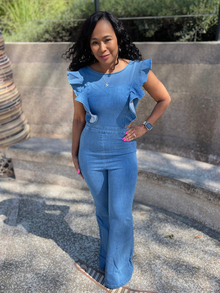 Tamara Denim Ruffle Strap Flare Leg Jumpsuit