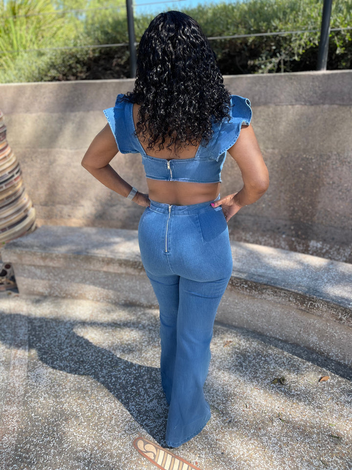 Tamara Denim Ruffle Strap Flare Leg Jumpsuit