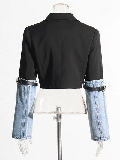 Spliced Denim Button-Fly Blazer
