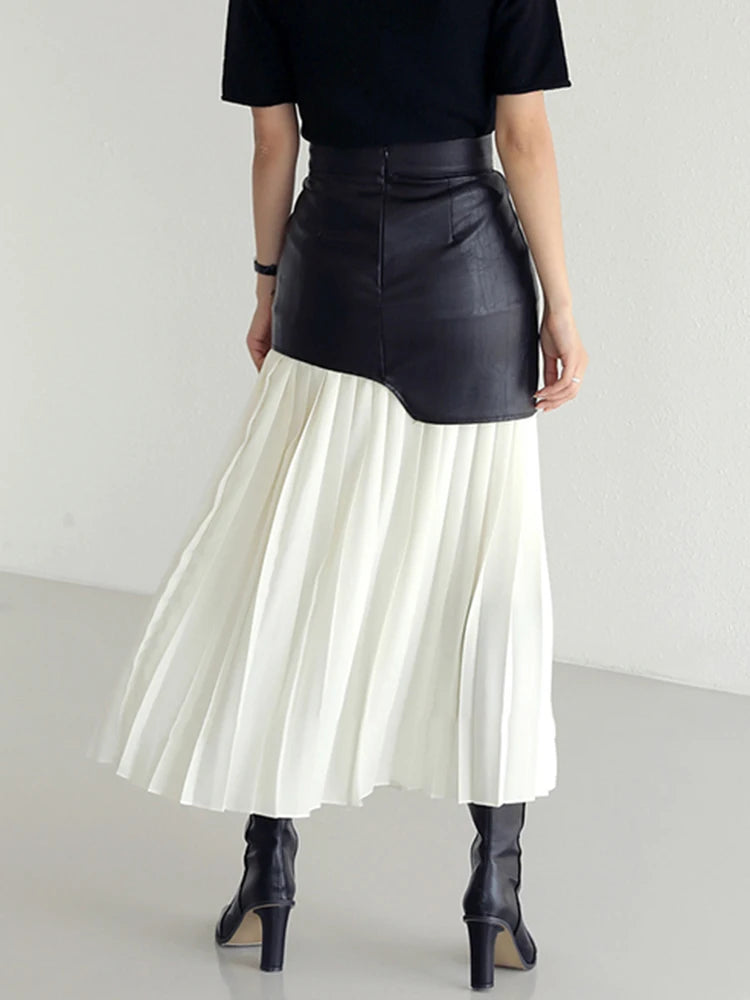 Symphony Color Block Pleated Faux Leather Mid Skirt