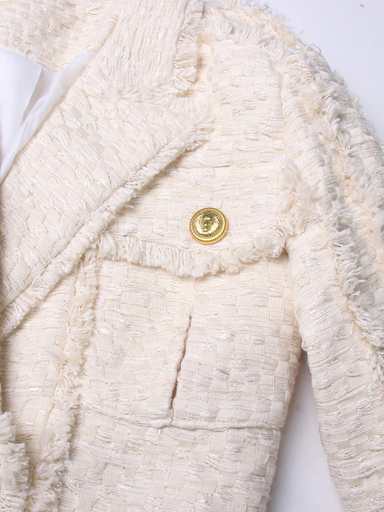 Chic Cream Textured Blazer & Skirt Set