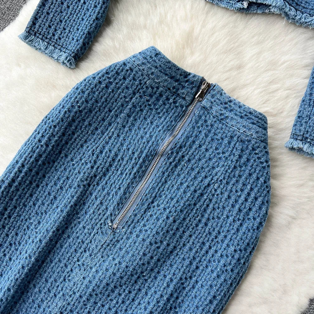 Denim Elegance Knit Skirt Set