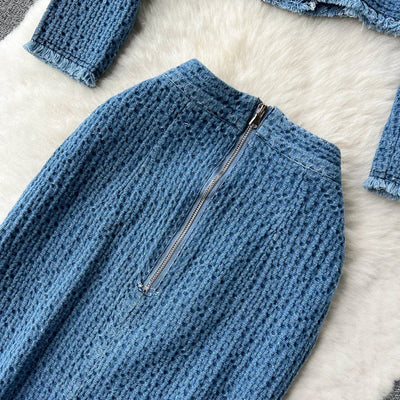 Denim Elegance Knit Skirt Set