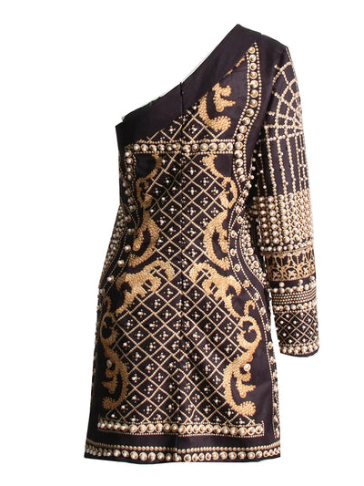Baroque Elegance One-Shoulder Mini Dress