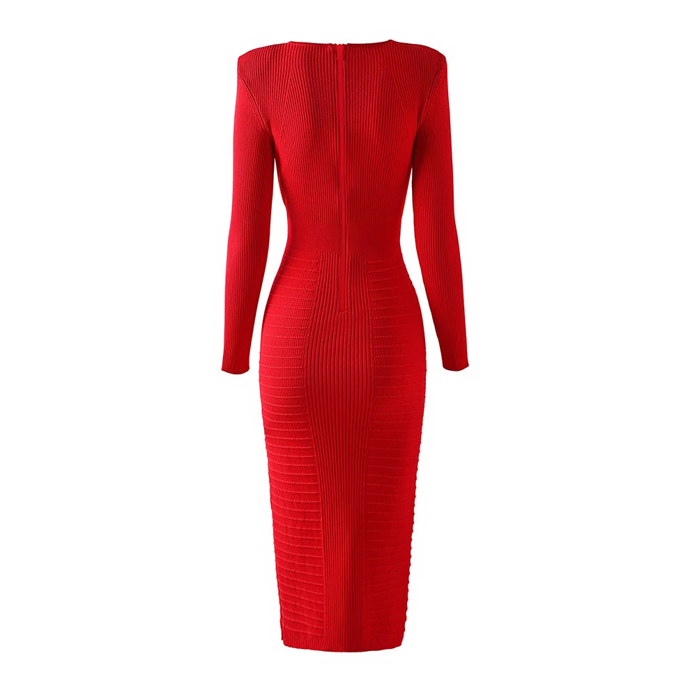 Long Knitted Wrapped Waist Bodycon Dress