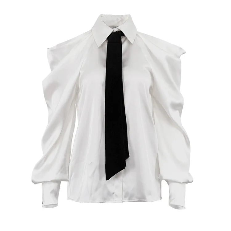 Cold-Shoulder Satin Tie Blouse