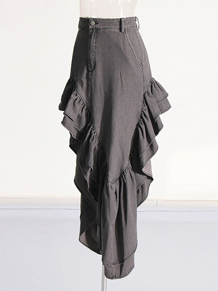 High Waist Ruffle Denim Skirt